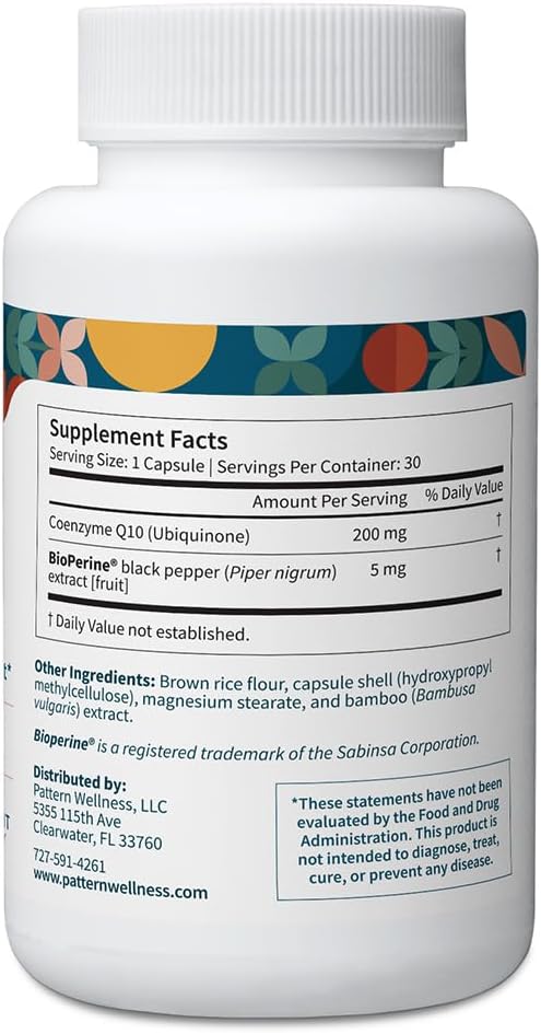 Pattern Wellness CoQ10 – 200mg Ubiquinone with BioPerine® Black Pepper Extract – Cellular Energy &amp Vitality Support – Non-GMO – 60 Vegan Capsules*
