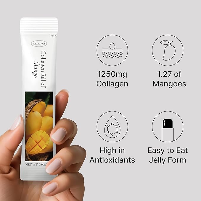 WELLINUS Korean Collagen Jelly Sticks - 25 Mango Flavored Marine Collagen Peptide Snacks for Anti-Aging- Collagen Protein Sugar-Free Travel Packs for Hair &amp Nail Strength