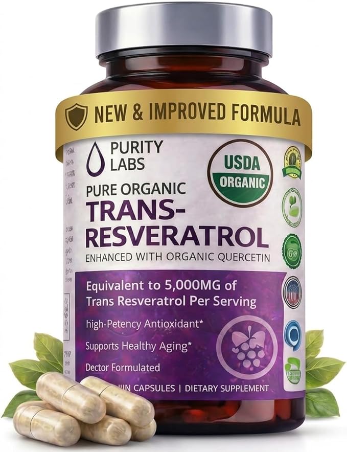 Purity Labs Trans-Resveratrol Supplement 5000 mg Equivalent per Serving with Quercetin USDA Organic High Potency Antioxidant Vegan Capsules 90 Count