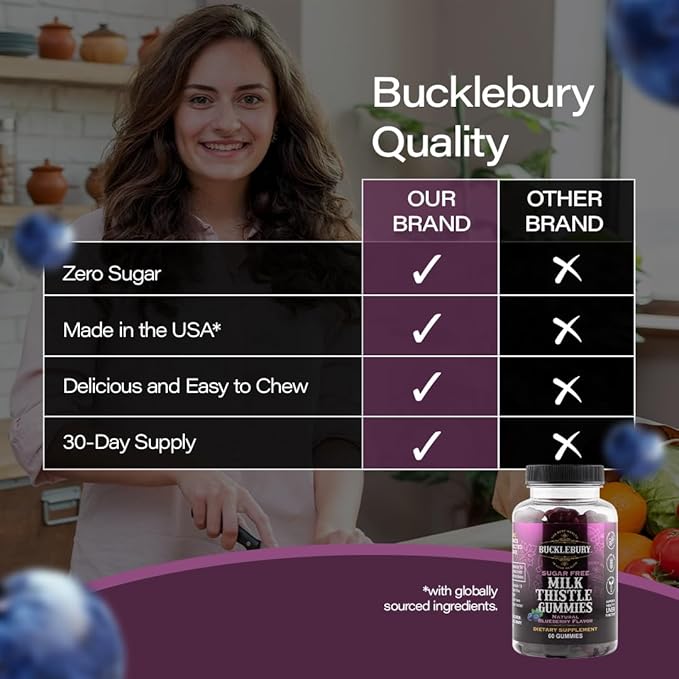 Bucklebury Sugar-Free Milk Thistle Gummies 1000mg with Natural Blueberry Flavor - Vegan Gluten-Free Non-GMO Natural Milk Thistle Supplement for Liver Health Immunity &amp Antioxidant Support -60 C