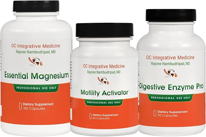 SIBO Bloating Bundle by Dr. Rajsree Essential Magnesium 180 Capsules Motility Activator 60 Capsules and Digestive Enzyme Pro 90 Capsules