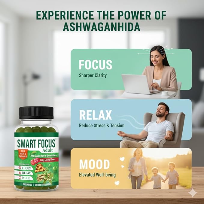 Ashwagandha Gummies for Focus Support - Organic Ashwagandha Supplement for Men &amp Women Brain &amp Memory Support Adaptogenic Calm Gummies with Ashwagandha Root - 60 Gummies