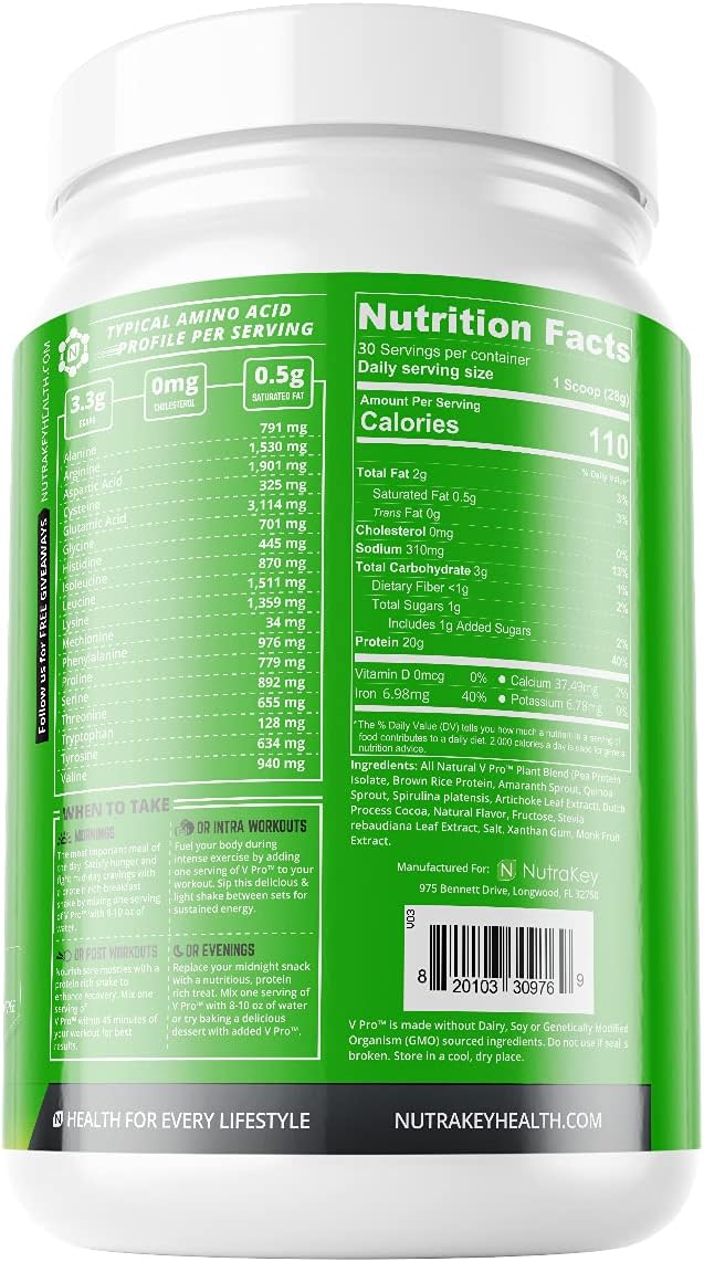 NutraKey V-Pro Raw Plant Protein Powder Organic Vegan Low Carb Gluten Free with with 20g of Protein (Chocolate) 2-Pound