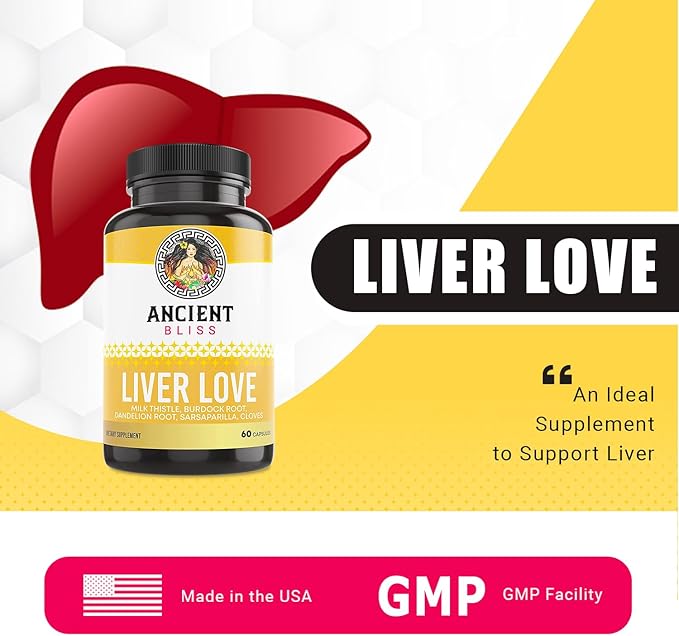 Ancient Bliss Liver Love - Natural Milk Thistle Liver Detox and Liver Health Cleanse Supplement - Support Healthy Liver in Men and Women - 60 Capsules - with Burdock Dandelion Cloves and More