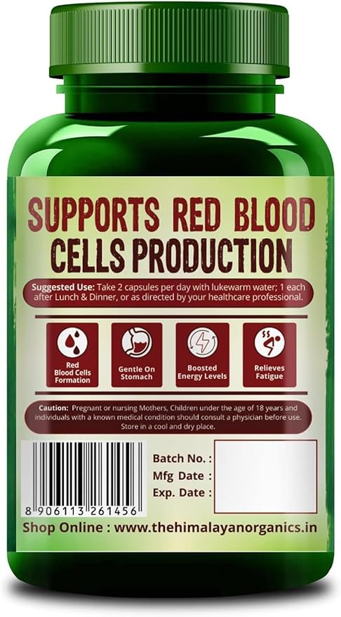 Generic Plant Based Iron Supplement with Folate | Improved Hemoglobin &amp Oxygen Capacity | Stomach Friendly | Boost Energy - 120 Veg Capsules