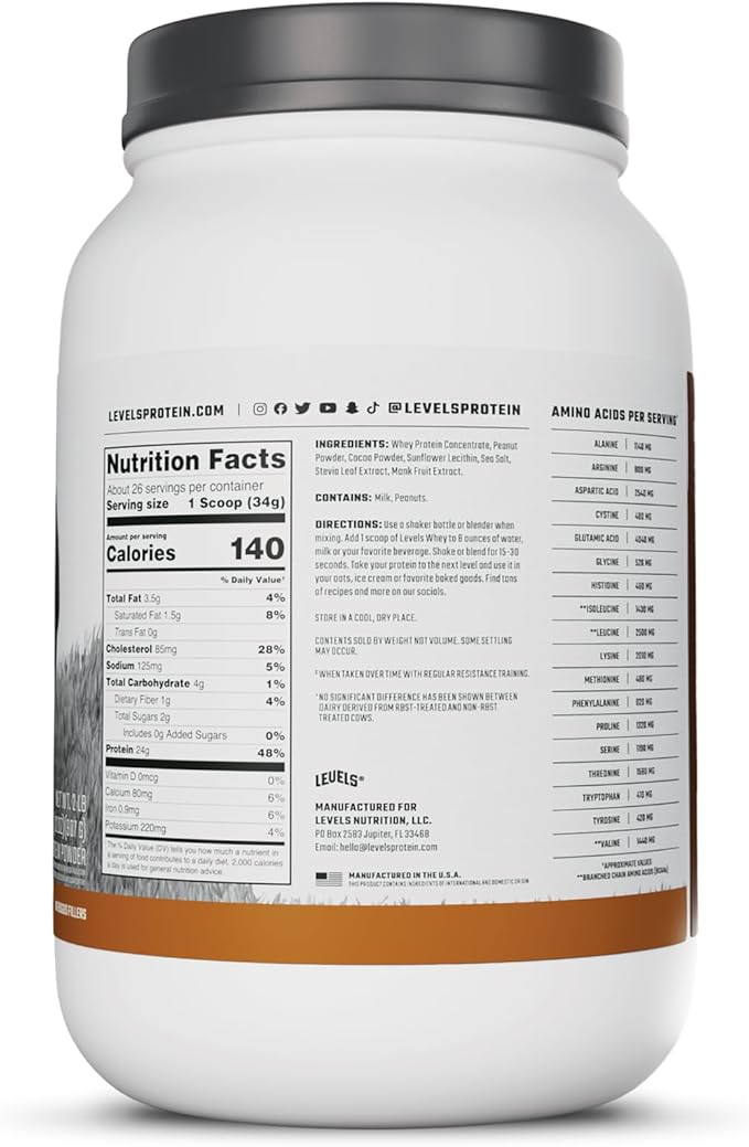 Levels Grass Fed Whey Protein Powder No Artificials 24G of Protein Chocolate Peanut Butter 2LB