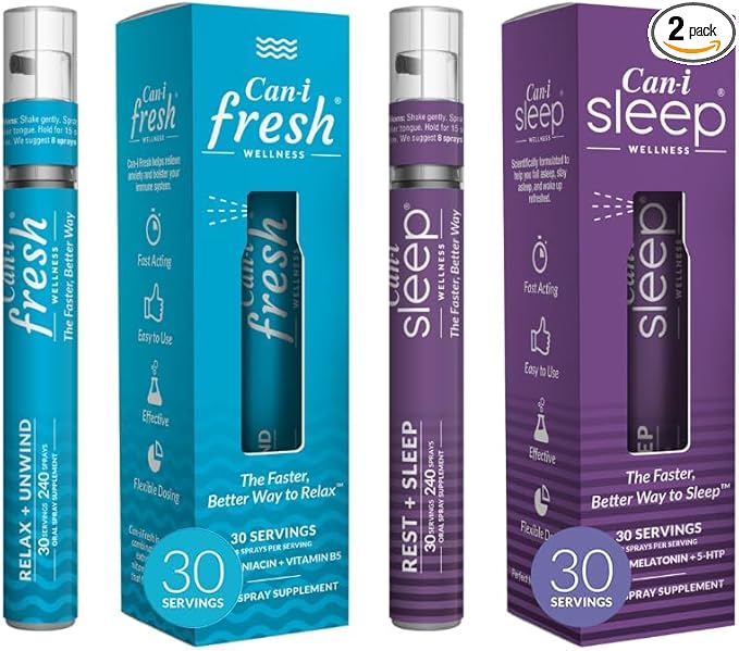 Can-I Wellness Natural Sleep Aid and Calming Vitamin Spray Bundle - Vegan Supplement with Melatonin GABA 5-HTP &amp L-Theanine - Fast-Acting Oral Spray for Healthy Stress Management and Mood Suppor