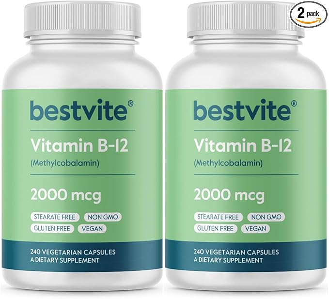 BESTVITE Vitamin B12 (Methylcobalamin) 2000mcg (480 Vegetarian Capsules)(2 x 240) (Methyl B12) - No Stearates - Vegan - Non GMO - Gluten Free