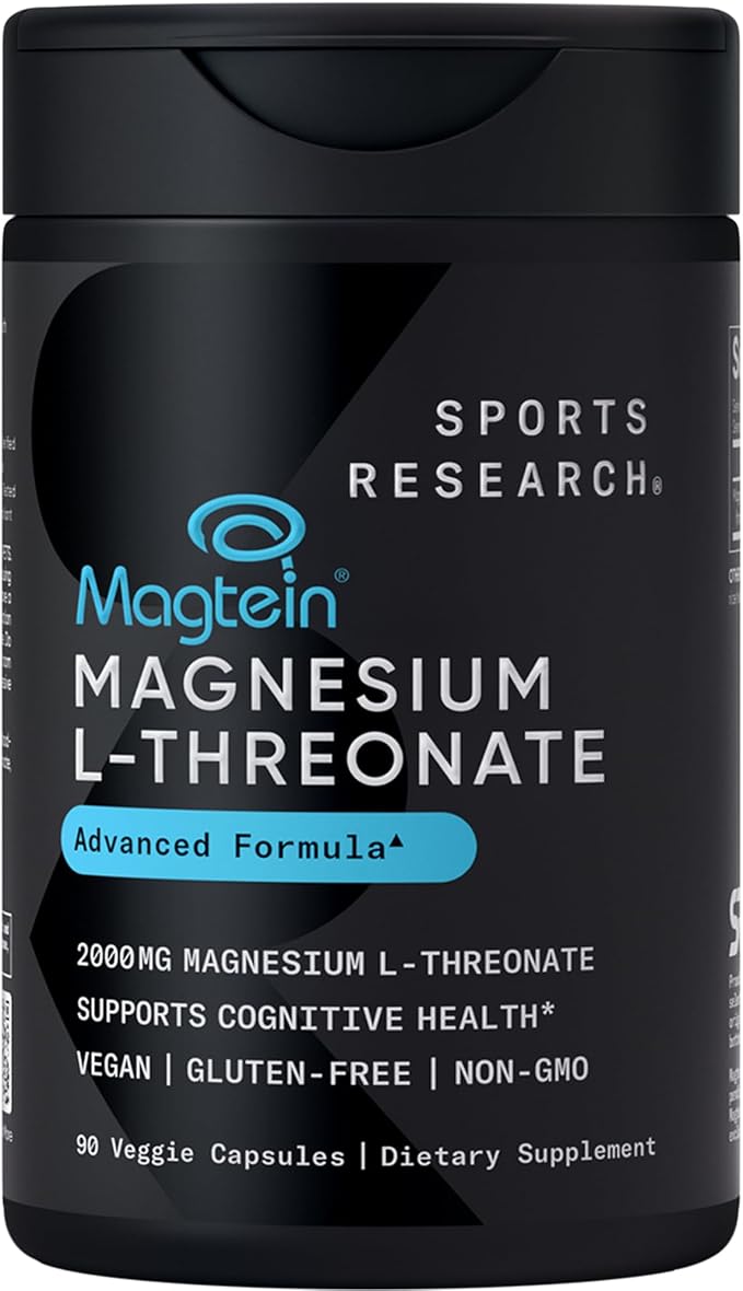 Sports Research® Magnesium L-Threonate Capsules 2000mg - High-Absorption Magtein® for Enhanced Brain Health Memory Focus &amp Restful Sleep Support - Vegan · Non-GMO · Gluten Free - 90 Count