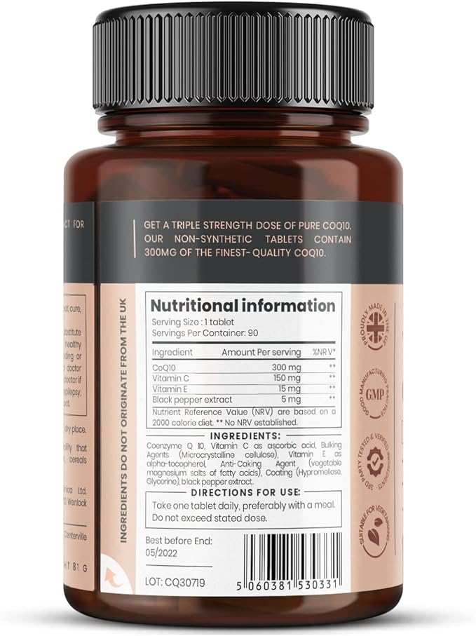 pureclinica Fermented CoQ10 300mg x 180 Tablets (2 Bottles of 90 Tablets) - 6 Months Supply. Non GMO USP Grade. with Added Vitamin C &amp Black Pepper Extract for Absorption.