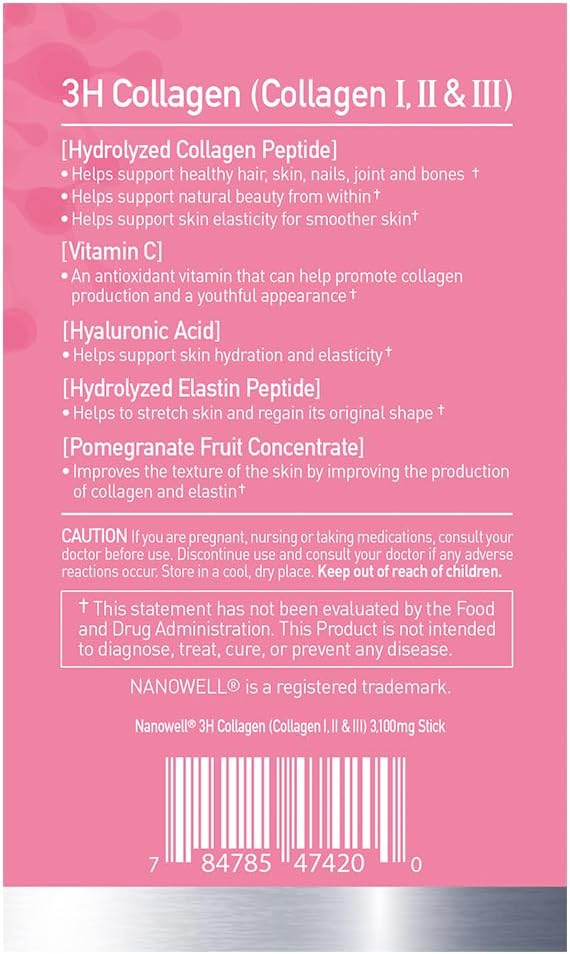 NANOWELL 3H Collagen Peptide Powder - Types I II &amp III with Vitamin C Hydrolyzed Elastin Peptide &amp Hyaluronic Acid - Supports Hair Skin Nails Joints &amp Bones - 60 Sticks 30 Day Suppl