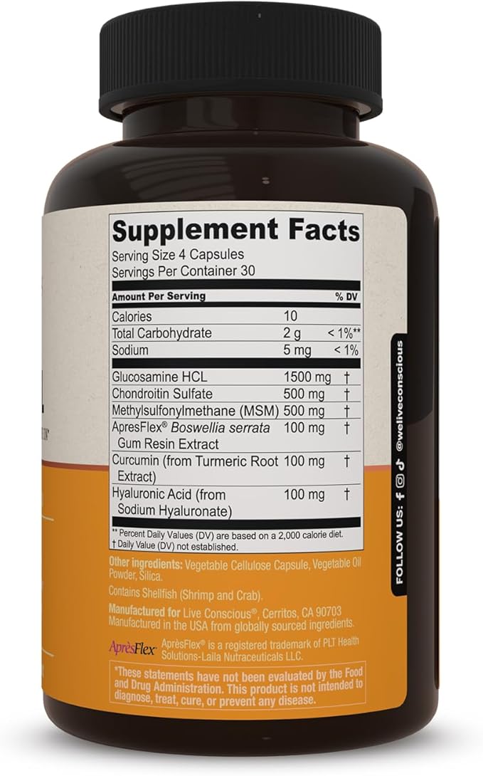 Live Conscious Glucosamine Chondroitin with MSM Hyaluronic Acid and More - MoveWell Joint Health Supplement