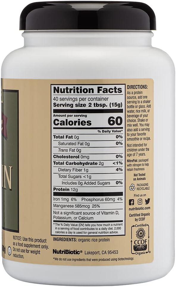 NutriBiotic Certified Organic Plain Rice Protein 21 Ounce | Low Carbohydrate Vegan Protein Powder | Raw Certified Kosher &amp Keto Friendly | Made Without Chemicals GMOs &amp Gluten | Easy to Dig