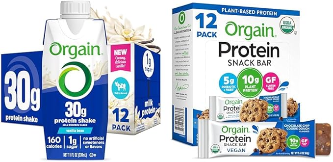 Bundle of Orgain 30g High Protein Shake Vanilla Bean 5g BCAAs 11 Fl Oz Pack of 12 + Orgain Organic Vegan Protein Bars Chocolate Chip Cookie Dough - 10g Plant Based Protein Pack of 12