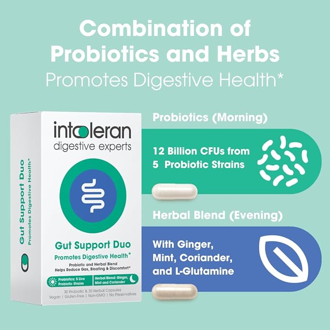 Intoleran Gut Support Duo – Probiotics &amp Herbal Blend for Digestive Health | Helps Ease Occasional Bloating Gas &amp Discomfort | Non-GMO Gluten &amp Soy Free – 60 Capsules (30-Day Supply)