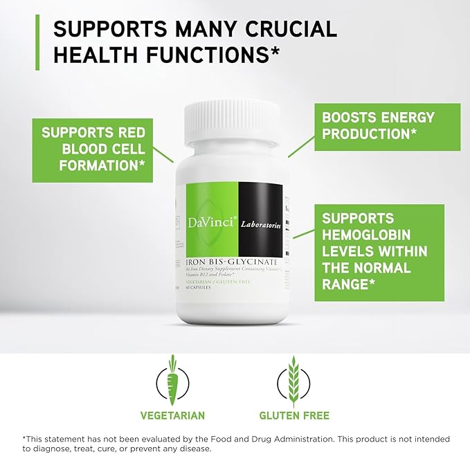 DAVINCI Labs Iron Bis-Glycinate - Gentle Iron Supplement for Women &amp Men - Help Support Hemoglobin Production &amp Normal Energy Levels with Vitamin C &amp More - Vegan - 60 Vegetarian Capsules
