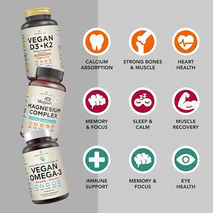AMANDEAN Premium Magnesium Complex Vegan Omega 3 Vegan D3+K2 Bundle. Plant-Based Immune Support. Algae DHA &amp EPA. Quality Sleep Focus &amp Mood. Support Healthy Heart Brain Joints &amp Eyes