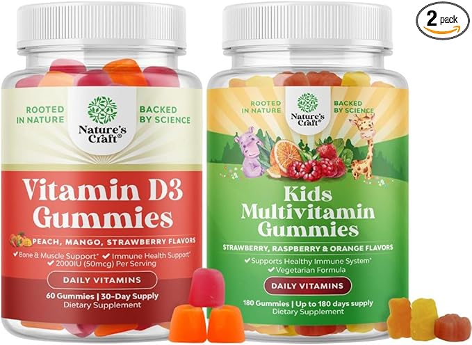 Bundle of Vitamin D3 Gummies for Adults Daily Wellness with 2000IU per Serving - Bone Muscle &amp Immune Support and Kids Multivitamin Gummies for Kids Immunity Support with Vitamins A C D3 E B and Z