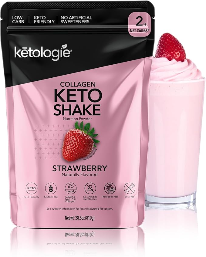 Keto Collagen Shake (Vanilla) - with Coconut Oil Prebiotics Grass Fed Hydrolyzed Collagen Peptides Type I &amp III Low Carb Gluten Free1.78lbs. (810g Strawberry)