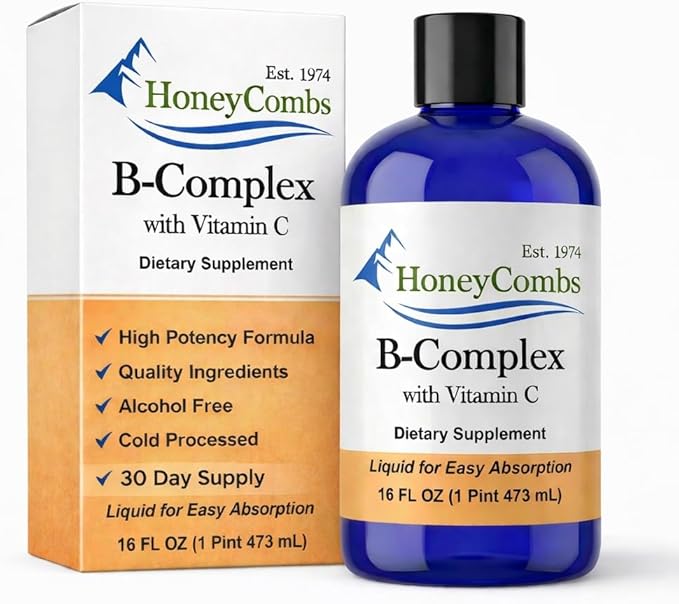 HoneyCombs Liquid Vitamin B Complex Drops B-Complex Supplement with B12 B6 B1 B2 B3 B5 B7 B9 + Vitamin C – Methylated Multivitamin Liquid Vitamins for Energy Support – Fast Absorbing Vegan USA