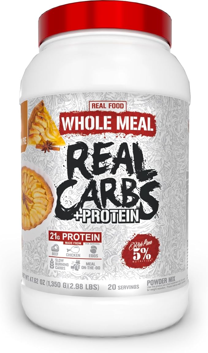 5% Nutrition Rich Piana Real Carbs + Protein | Clean Mass Gainer Meal Replacement Protein Powder | Carbohydrate for Pre Workout/Post-Workout Recovery Meal | 2.9 lb 20 Servings (Apple Cinnamon Pie)
