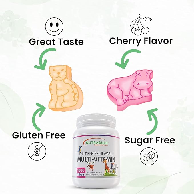 NutraBulk Kids Multivitamin – Kids Vitamins A C D3 E B-Complex Folic Acid with Animal Shapes &amp Fruity Flavors – No Artificial Dyes – Children's Chewable Multivitamin Bulk Family Value (1000 Table