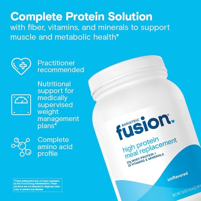 Bariatric Fusion Unflavored Meal Replacement 27g Protein Powder 21 Serving Tub for Bariatric Surgery Patients Including Gastric Bypass and Sleeve Gastrectomy - No Gluten Aspartame or Sugar