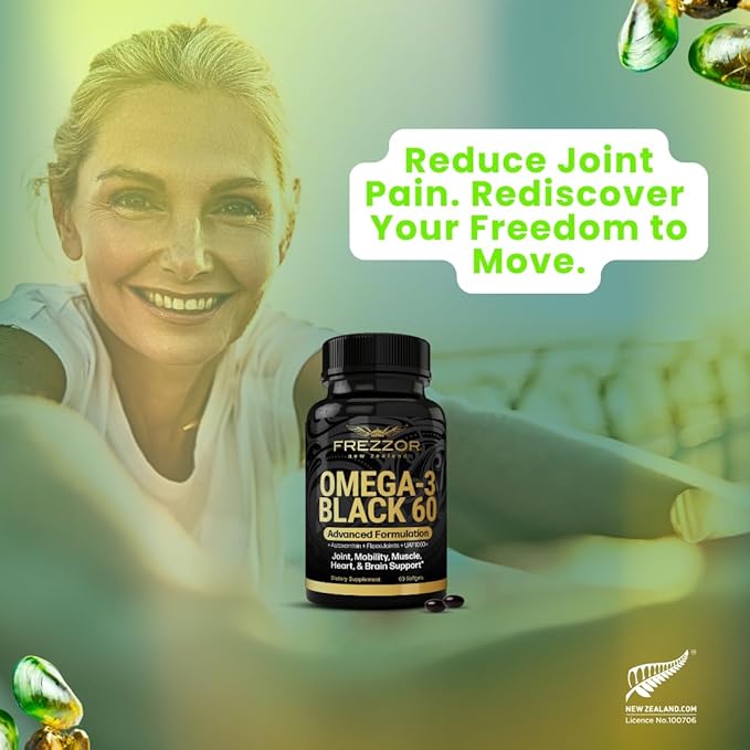 FREZZOR Omega 3 Black Green Lipped Mussel Oil 53x Higher Potency for Superior Joint Comfort &amp Mobility No Fishy Aftertaste 1 Bottle 60 Softgels Plus 1 Bottle of Vitamin D3+K2