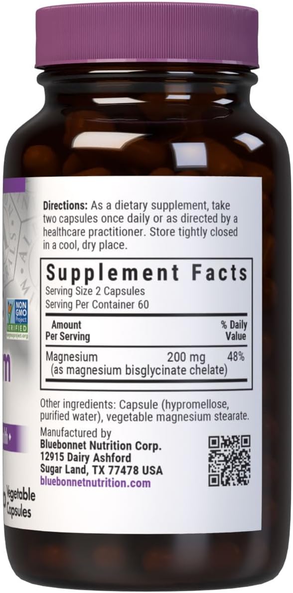 Bluebonnet Nutrition Albion Chelated Magnesium Vegetable Capsule 200 mg Stress Relief Vegan Non GMO Gluten Free Soy Free Milk Free Kosher 120 Vegetable Capsule 2 Month Supply