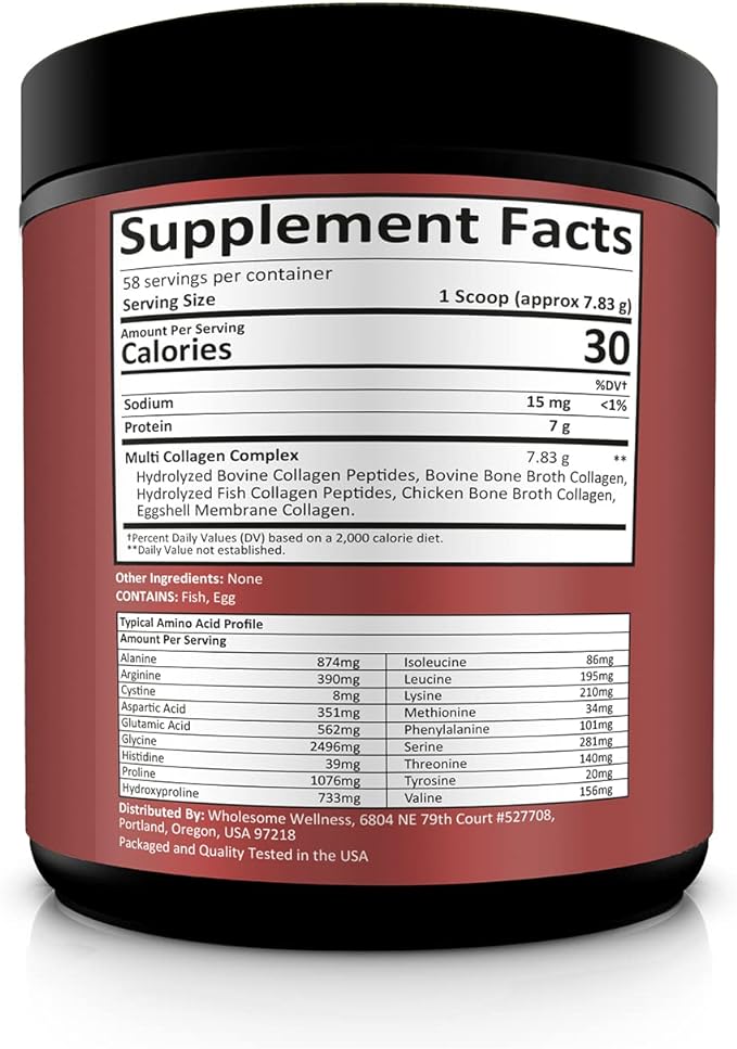 Wholesome Wellness Premium Multi Collagen Peptides Protein Powder for Women and Men 5 Types of Hydrolyzed Collagen Grass-Fed Non-GMO &amp Unflavored Pure Protein for Youthful Skin &amp Joint Rec
