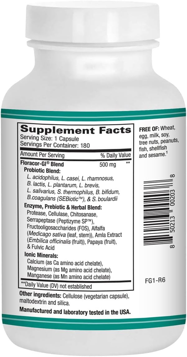 Floracor – Probiotics &amp Enzymes to Support Intestinal &amp Gut Heath –180 Vegetarian Capsules