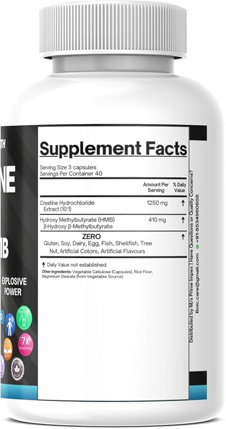 Creatine HCL + HMB Capsules | 410mg HMB per Serving &amp 1250mg Creatine Hydrochloride | Performance Formula &amp Ultra-Pure Strength | No Bloating Highly Soluble – 120 Capsules