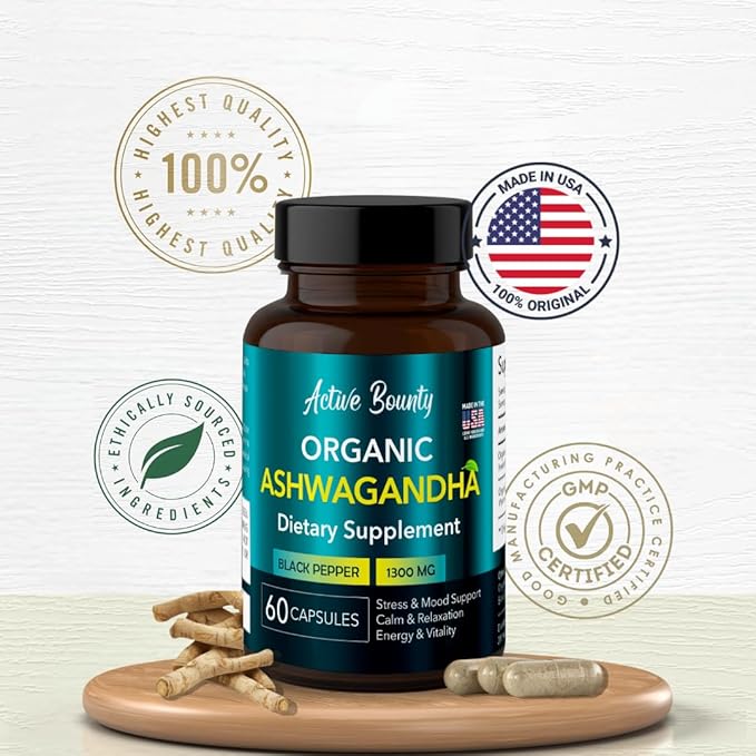 Organic Ashwagandha 1300mg with Black Pepper for Enhanced Absorption | Stress &amp Mood Support Calm &amp Relaxation Energy &amp Vitality | Vegan Non-GMO | 60 Capsules | Made in USA