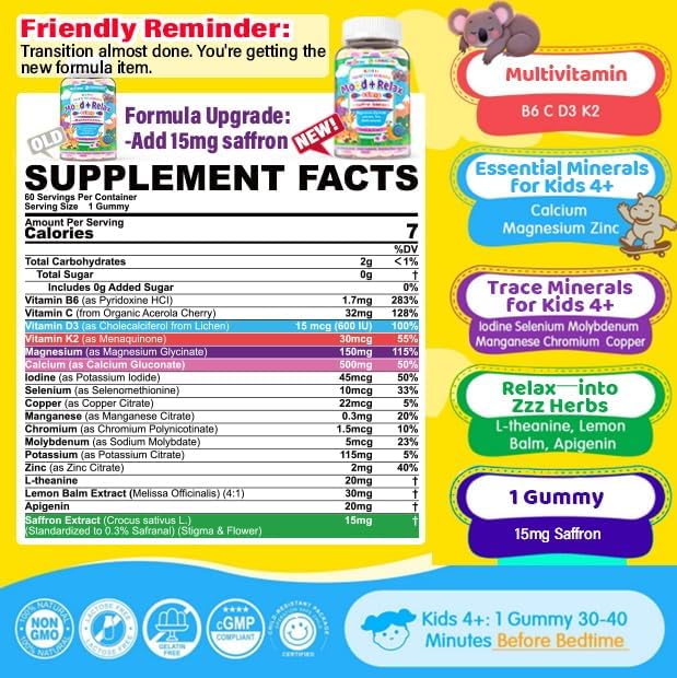 Kids 4+ Magnesium + Saffron Sleep Gummies Relax Happy Filled Gummy Bedtime Calcium Zinc Mineral + Multivitamin Gummies Melatonin Free | Vitamin D3 K2 | Bone Only Need 1 Gummy - Sweet Dream Magic