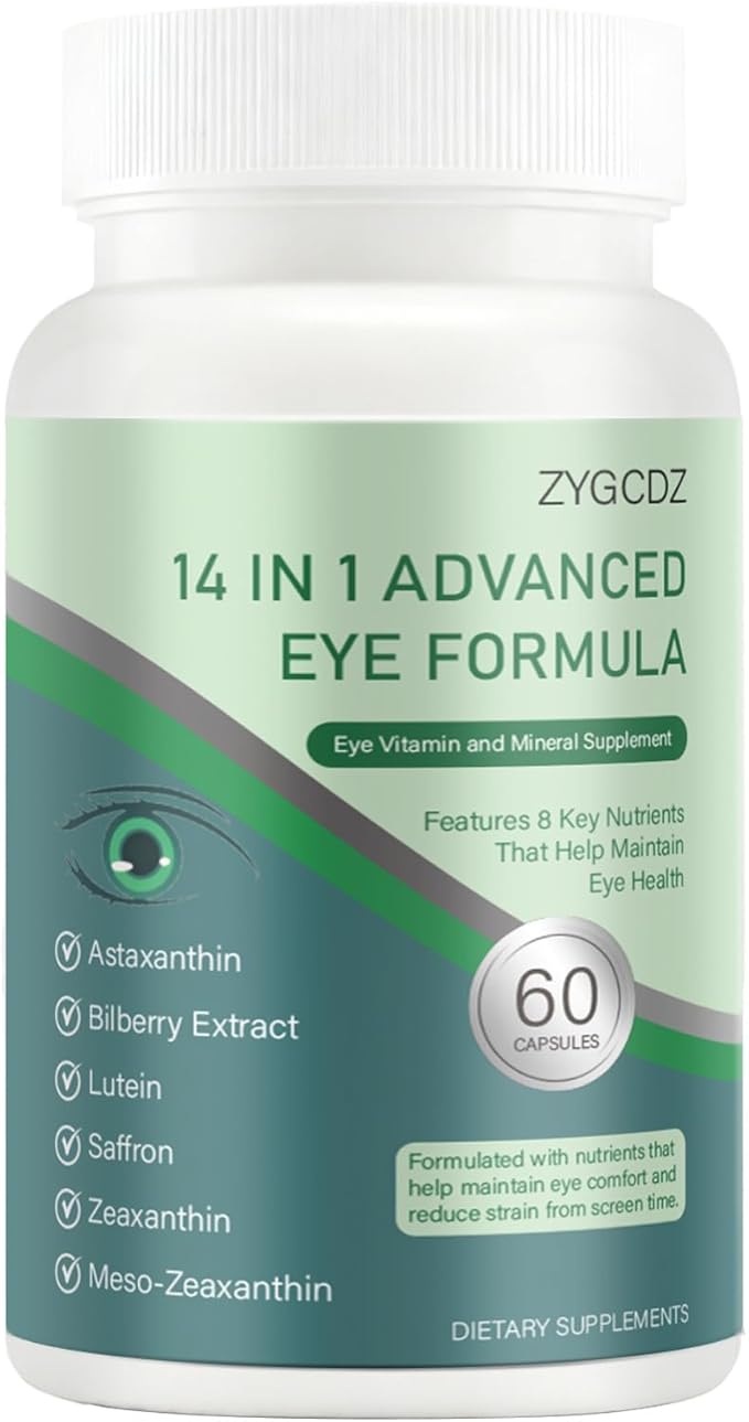14-in-1 Advanced Eye Vitamin Supplement with Lutein Zeaxanthin Bilberry Extract &amp Zinc for Adults - Supports Vision Macula &amp Blue Light Protection - 60 Capsules (01)