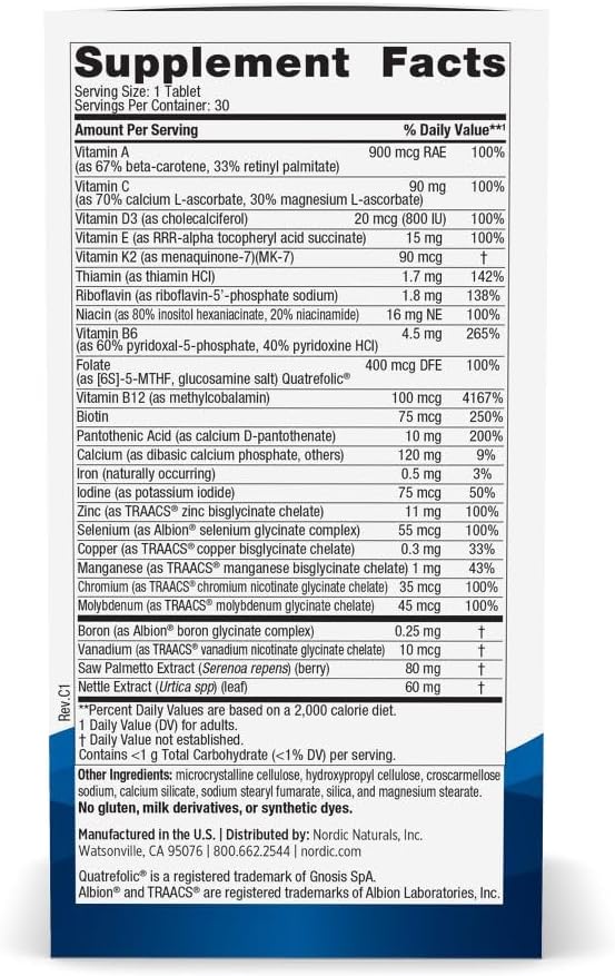 Nordic Naturals Men’s Multivitamin One Daily - Bone Energy &amp Blood-Vessel Support - Immunity Supplement - 20 Essential Nutrients - 30 Tablets - 30 Servings
