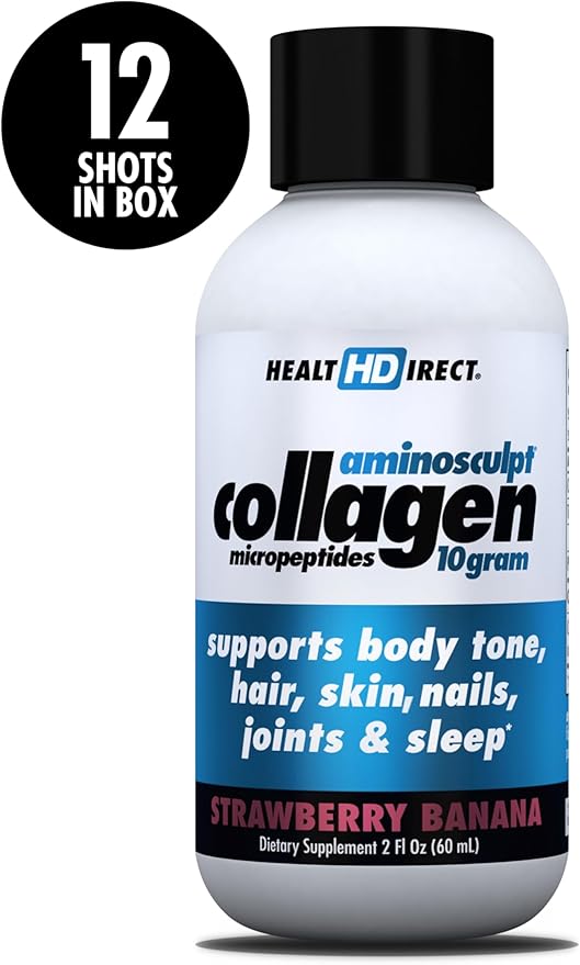 HEALTH DIRECT – Medical-Grade Liquid Collagen Shots – AminoSculpt Sugar-Free – Strawberry Banana – 12 Servings (12pk 2oz Shots) – Good for Joints Bones &amp Sleep – Better Hair Skin &amp Nails