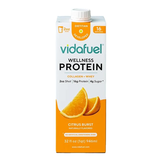 Vidafuel Protein Drink 16g Protein Per 2oz Shot 32 fl oz Carton Citrus Collagen and Whey Drink No Artificial Sweeteners