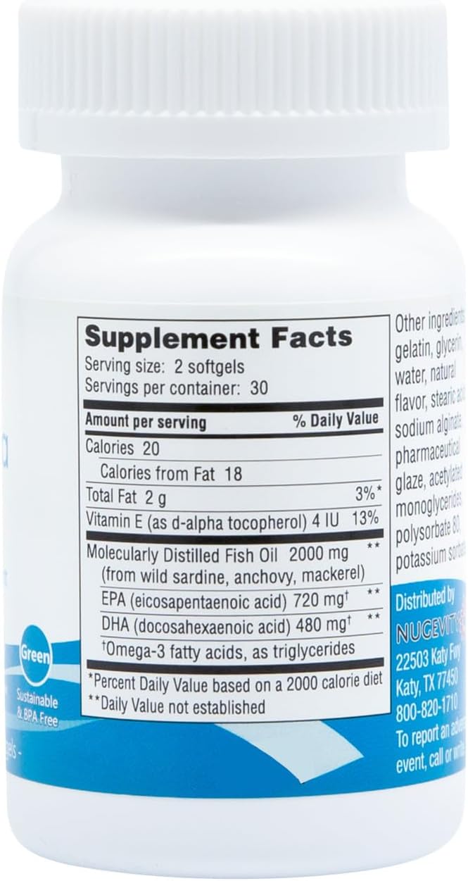 Omega Max No Burp Fish Oil Dietary Supplement - Omega 3 EPA DHA Supplement for Heart Brain and Vision - Premium Fish Oil Co-Developed by NASA 60 ct Enteric Softgels (2000mg/serving)