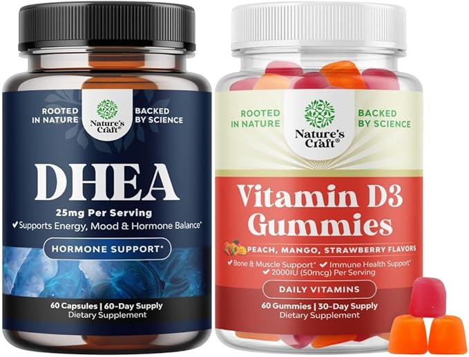 Bundle of DHEA Supplement for Hormone Balance Mood Stability Brain Function - Dehydroepiandrosterone and Vitamin D3 Gummies for Daily Wellness with 2000IU per Serving Bone Muscle &amp Immune Suppor