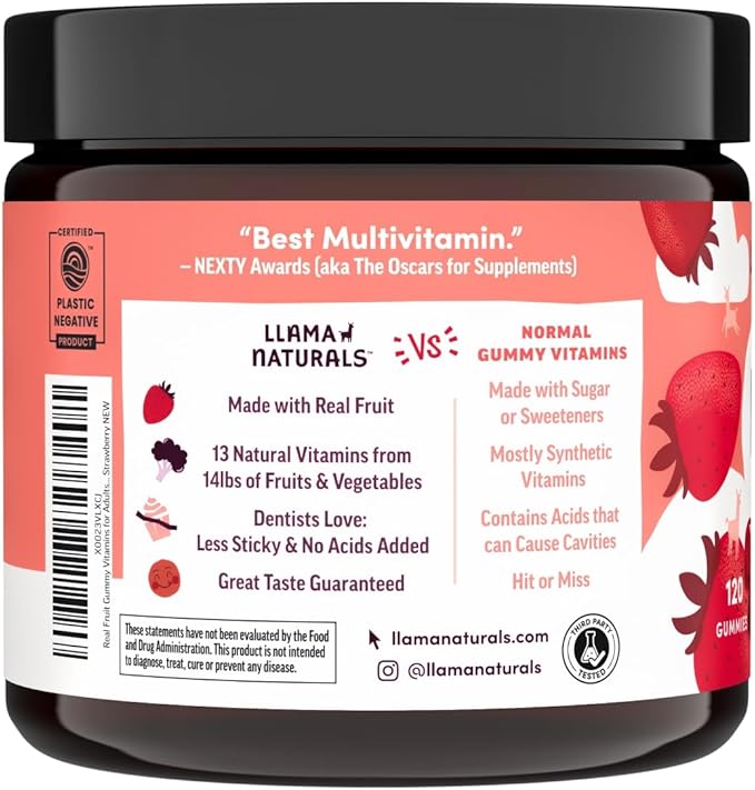Llama Naturals Multivitamin for Women &amp Men Vegan Organic Gummies with Vitamin D C &amp K Adults Real Fruit Gummy Vitamins Chewable Multivitamin Supplement No Added Sugar Cane Strawberry