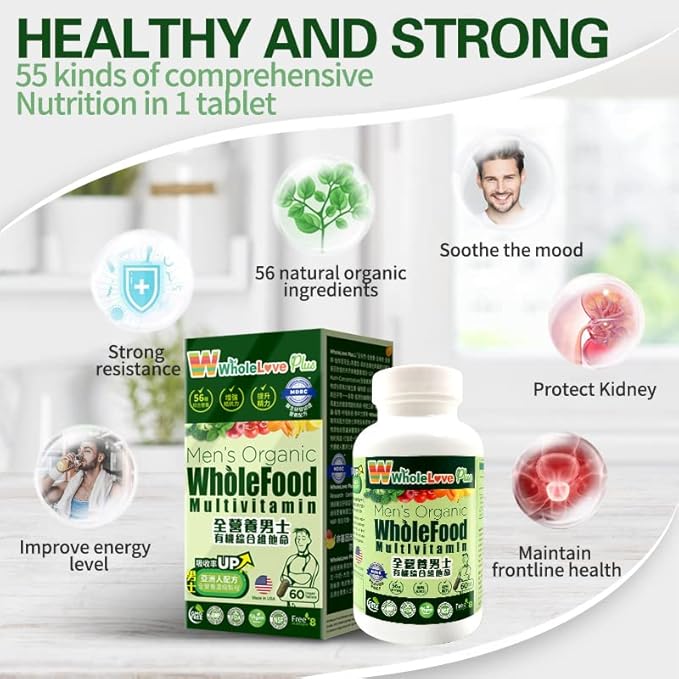 NOTO WholeLove Plus Men's Organic WholeFood Multivitamin Health Supplements for Immune Support Vitamin Vegan Friendly 60 Tables