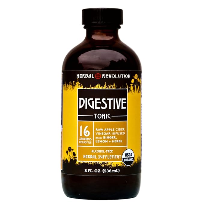 Herbal Revolution Digestive Tonic - Certified Organic Non-GMO Apple Cider Vinegar Infused with Honey Burdock Root Dandelion Lemon Balm &amp More Made Using Regenerative Farming Practices - 8 Fl O
