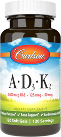 Carlson - Vitamins A D3 K2 3000 mcg RAE Vitamin A 125 mcg Vitamin D3 90 mcg Vitamin K2 as MK-7 Bone Building Calcium Utilization 120 Soft Gels