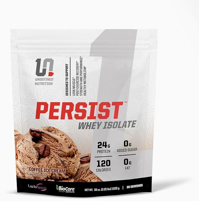 Undefined Nutrition Persist Whey Isolate by Brian Shaw - 24g Protein 30 Servings – Supports Recovery Strength &amp Performance - Gluten Free Fast Absorbing (2.18lbs Coffee Ice Cream)