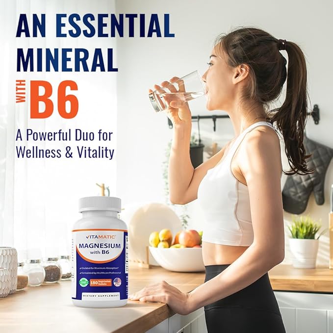 Vitamatic Magnesium with B6-180 Vegetarian Tablets (Uncoated) - Added B6 for Maximum Absorption - Supports Muscle Joint and Heart Health - 3 Pack