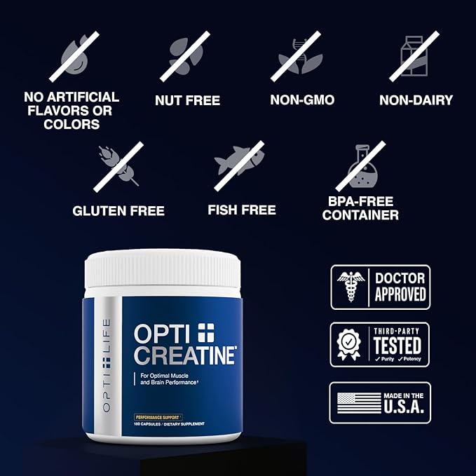 Opti + Creatine Monohydrate Capsules | Support Muscle Recovery Energy and Healthy Stamina* | Daily Creatine Supplement | 180 Capsules/60 Servings