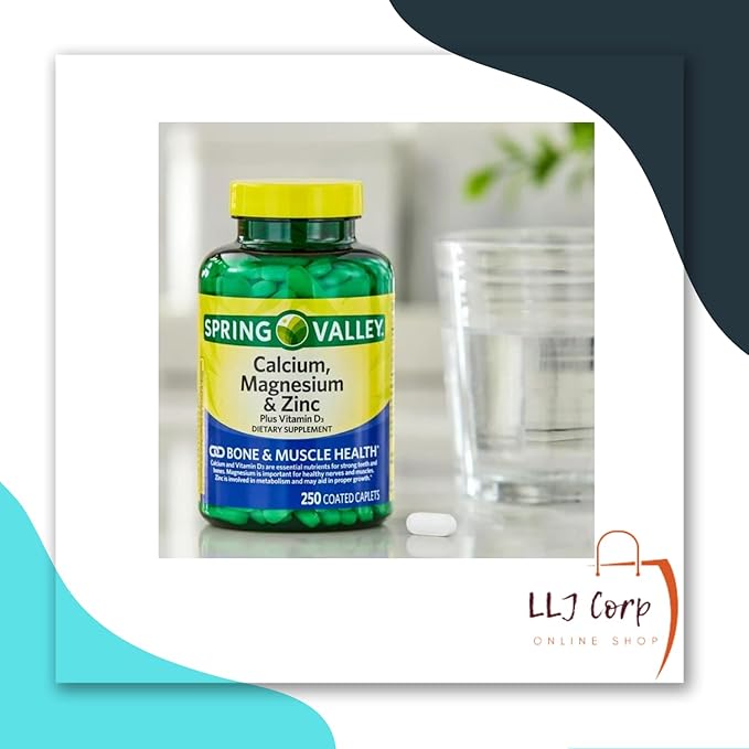2 Spring Valley Calcium Magnesium &amp Zinc Plus Vitamin D3 Coated Caplets 250 Ct Bundle with Weekly Pill Planner + LLJ Corp Sticker.