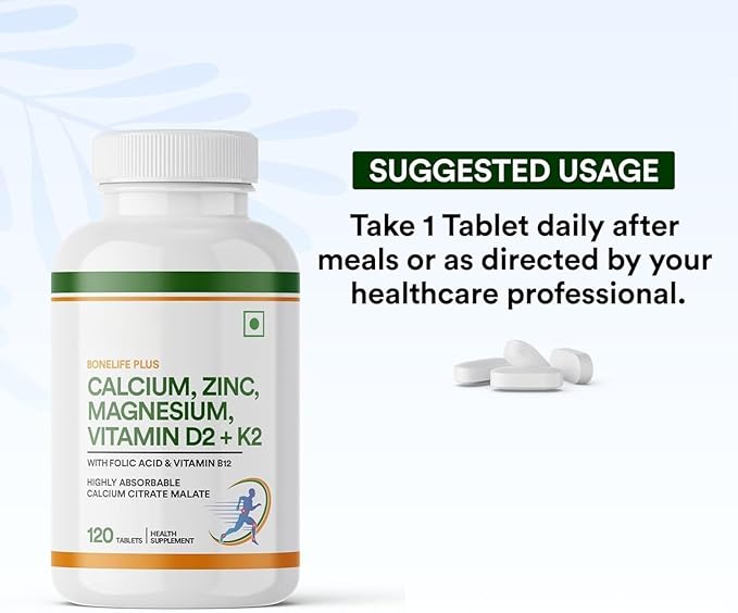 Calcium Magnesium Zinc Vitamin D K2 Folic Acid &amp B12 Vegetarian Tablets Bone &amp Joint Support Supplement | Calcium Supplement for Women Men - 120 Tablets (Pack of 1)