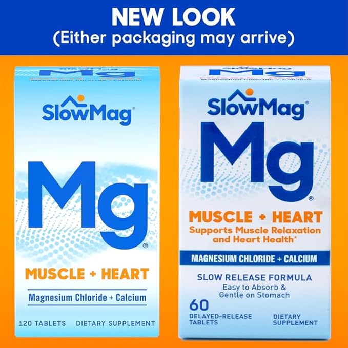 SlowMag Mg Muscle + Heart Supports Muscle Relaxation and Heart Health. Magnesium Chloride + Calcium Slow-Release Tablets Easy to Absorb and Gentle on the Stomach. 60 Count (Pack of 2)